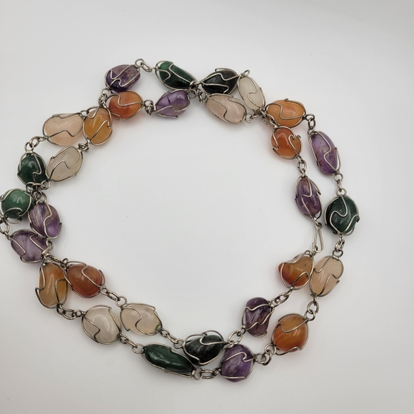 VTG Long Caged Freeform Polished Semi-Precious Gemstones Link Necklace Big Heavy - Picture 4 of 6